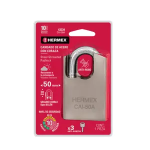 43334 / CAI-50A Hermex Candado de acero, máxima seguridad, 50mm, llave anti-ganzúa