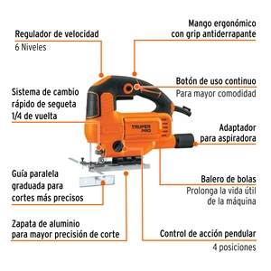 Sierra caladora 750W 5.9 A vel. variable, TRUPER PRO