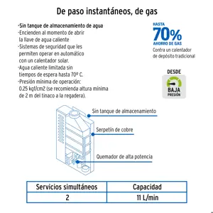 Calentador instantáneo, 11L, 2 servicios, gas natural, Foset