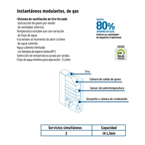 Calentador instantáneo modulante, 14L, 2 serv, gas LP, Foset