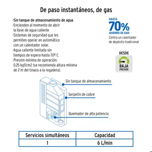 Calentador instantáneo, 6L, 1 servicio, gas natural, Foset