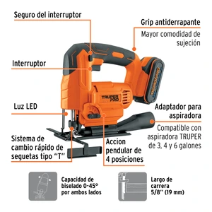 Sierra caladora 20V, 1 batería 2Ah, TRUPER PRO