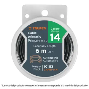 Carrete con 2.5 m de cable primario negro calibre 10, Truper