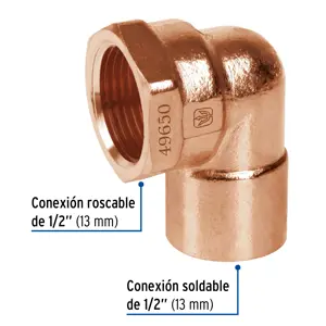 Codo 90° de cobre, rosca interior 1/2