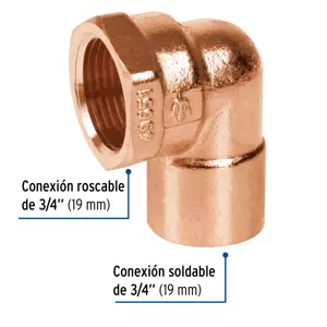 Codo 90° de cobre, rosca interior 3/4