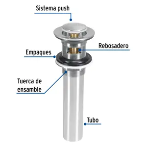 Foset Contra p/lavabo con rebosadero, sistema push, satín, 1-1/4