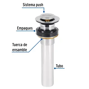 Foset Contra p/lavabo sin rebosadero, sistema push, cromo, 1-1/4