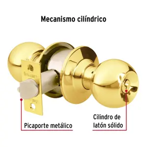 Cerradura tipo esfera para recámara, latón brillante, Hermex