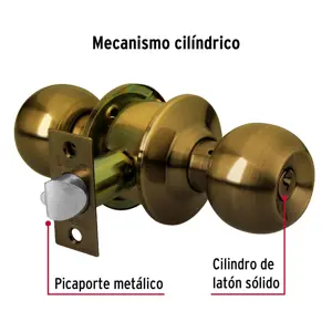 Cerradura tipo esfera para recámara, latón antiguo, Hermex