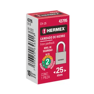 43795 / CH-25 Candado de hierro 25 mm gancho corto en caja, Hermex