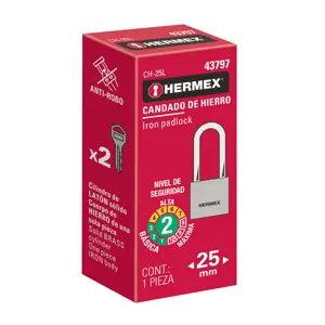 43797 / CH-25L Candado de hierro 25 mm gancho largo en caja, Hermex