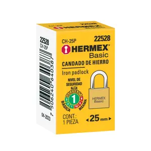 Hermex Candado de hierro color latón 25 mm, corto, caja, BASIC
