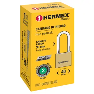 Hermex Candado de hierro color latón 40 mm, largo, caja, Basic