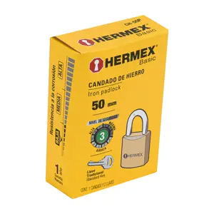 Hermex Candado de hierro color latón 50 mm, corto, caja, BASIC