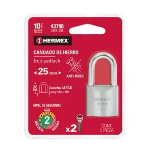 43798 / CHB-25L Candado de hierro 25 mm gancho largo en blíster, Hermex
