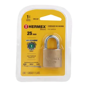 Hermex Candado de hierro color latón 25 mm, corto, blíster, BASIC