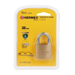 Hermex Candado de hierro color latón 30 mm, corto, blíster, BASIC