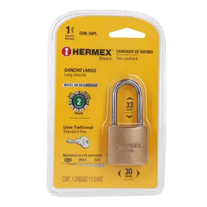 Hermex Candado de hierro color latón 30 mm, largo, blíster, BASIC