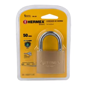 Hermex Candado de hierro color latón 50 mm, corto, blíster, BASIC