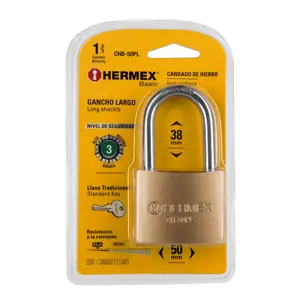 Hermex Candado de hierro color latón 50 mm, largo, blíster, BASIC