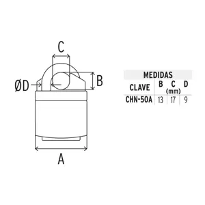 43340 / CHN-50A Hermex Candado de hierro 50 mm gancho protegido, llave anti-ganzúa