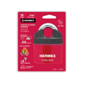43340 / CHN-50A Hermex Candado de hierro 50 mm gancho protegido, llave anti-ganzúa