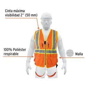 Truper Chaleco de seguridad para arnés, alta visibilidad, naranja