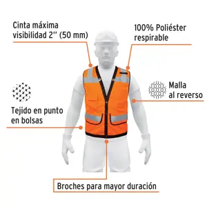Chaleco seguridad reforzado naranja con bolsas, XG, Expert