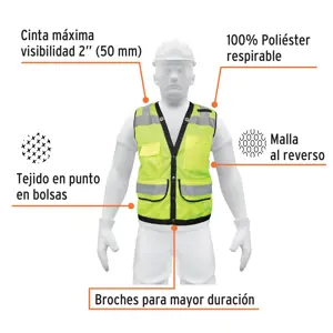Chaleco seguridad reforzado verde con bolsas, M, Expert