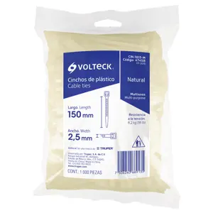Volteck Bolsa con 1000 cinchos plásticos 18lb, 150x2.5 mm, naturales
