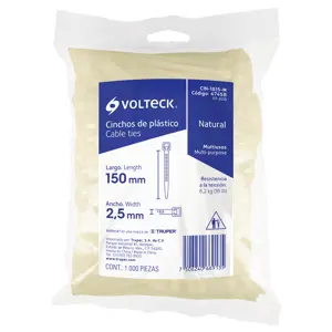 47458 / CIN-1815-M Volteck Bolsa con 1000 cinchos plásticos 18lb, 150x2.5 mm, naturales