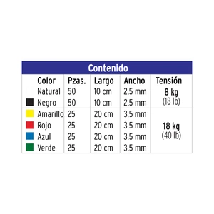 Bolsa con 200 cinchos plásticos en colores surtidos, Volteck