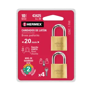 Hermex Blíster con 2 candados de latón de 20mm con gancho corto