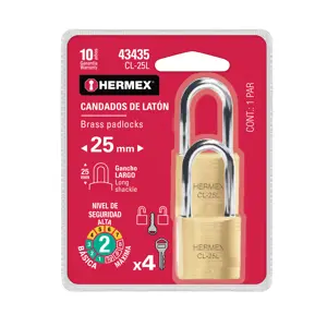 Hermex Blíster con 2 candados de latón de 25mm con gancho largo