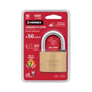 Hermex Candado de latón, 50mm, gancho corto,llave de puntos,blister