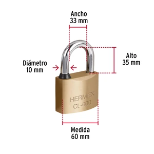 Hermex Candado de latón, 60mm, gancho corto,llave de puntos,blister