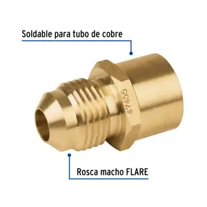 Conector flare soldable de latón, 3/8