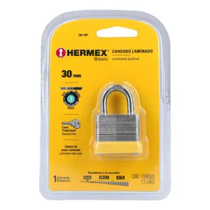 Candado laminado, 30mm, gancho corto, blister, Hermex Basic
