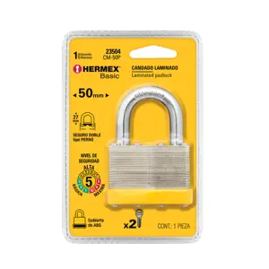 Candado laminado, 50mm, gancho corto, blister, Hermex Basic
