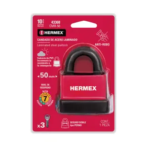 43368 / CMR-50 Hermex Candado laminado, recubierto de plástico, 50mm, blister