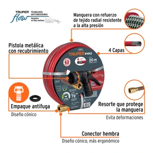 Combo manguera MAN-20X1/2X y pistola de riego PR-208, Truper