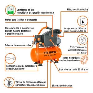 Truper Compresor horizontal 10L, 2 HP (potencia máxima), 127 V