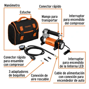 Truper Compresor de aire 12 V portátil, para auto, incluye maletín