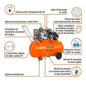 Compresor de aire,con banda,horizontal 120L 4HP, 220V Truper