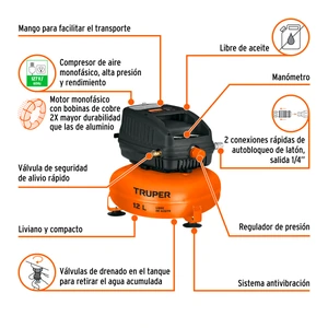 Compresor libre de aceite compacto 12L, 1HP 127V Truper