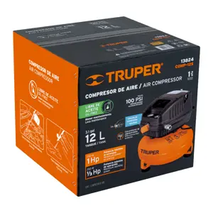 13824 / COMP-12S Compresor libre de aceite compacto 12L, 1HP 127V Truper