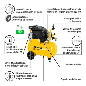 Compresor de aire, lubricado,horizontal 20L 2½HP 127V Pretul