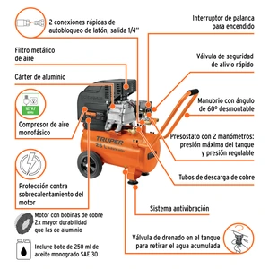 Compresor de aire, lubricado, horizontal 25L 3HP 127V Truper