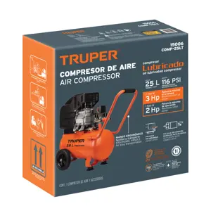15006 / COMP-25LT Compresor de aire, lubricado, horizontal 25L 3HP 127V Truper