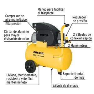 23066 / COMP-40LP Compresor de aire, lubricado, horizontal 40L 3HP 127V Pretul